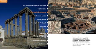 Os romanos deixaram uma herança
valiosa neste território. Na arte e na
cultura, na engenharia e na arquitetura.
Entre pontes, estradas, villas, templos
e termas que se encontram por todo
o país, não deixe de visitar as ruínas de
Conímbriga e de Miróbriga e o Templo
Romano de Évora.
Templo Romano de Évora © João Paulo
Conímbriga © Sebastião da Fonseca
150 milhões de anos / 25 mil anos
Período Romano
Idade Média
Judiarias
Barroco
Pré-história
Influência Árabe
Fundação de Portugal
Arquitetura
Manuelino
Romantismo
Contemporaneidade
Património
 
