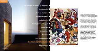 Do séc. XX e mais perto do tempo
presente, em Portugal encontra obras
de referência da arte contemporânea
que o vão surpreender. Em todo
o país, mas sobretudo no Norte de
Portugal e em Lisboa, vai encontrar
e apreciar obras de grandes nomes
da arquitetura contemporânea.
Casa das Mudas
Vivian Girls as Windmills, Paula Rego © Arquivo Turismo de Portugal
150 milhões de anos / 25 mil anos
Período Romano
Idade Média
Judiarias
Barroco
Pré-história
Influência Árabe
Fundação de Portugal
Arquitetura
Manuelino
Romantismo
Contemporaneidade
Nas artes plásticas, o século XX foi
marcado pelo génio e pelo talento
de portugueses que já se juntaram
inevitavelmente à lista mundial
de artistas contemporâneos como
Vieira da Silva, Amadeo Souza
Cardoso, Paula Rego, Graça
Morais, Júlio Pomar, Cargaleiro,
José de Guimarães, Pedro Cabrita
Reis e Julião Sarmento, entre
outros. Descubra-os nos museus
portugueses e renda-se à arte
contemporânea.
Património
 