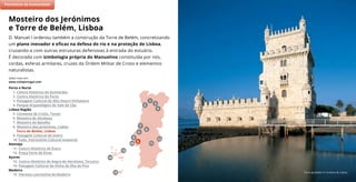 Torre de Belém © Turismo de Lisboa
D. Manuel I ordenou também a construção da Torre de Belém, concretizando
um plano inovador e eficaz na defesa do rio e na proteção de Lisboa,
cruzando-a com outras estruturas defensivas à entrada do estuário.
É decorada com simbologia própria do Manuelino constituída por nós,
cordas, esferas armilares, cruzes da Ordem Militar de Cristo e elementos
naturalistas.
Saiba mais em:
www.visitportugal.com
Mosteiro dos Jerónimos
e Torre de Belém, Lisboa
(2)
7
11
5
9
8
6
10
4
2
3
1
Porto e Norte
1. Centro Histórico de Guimarães
2. Centro Histórico do Porto
3. Paisagem Cultural do Alto Douro Vinhateiro
4. Parque Arqueológico do Vale do Côa
Lisboa Região
5. Convento de Cristo, Tomar
6. Mosteiro de Alcobaça
7. Mosteiro da Batalha
8. Mosteiro dos Jerónimos, Lisboa
Torre de Belém, Lisboa
9. Paisagem Cultural de Sintra
10. Fado, Património Cultural Imaterial
Alentejo
11. Centro Histórico de Évora
12. Praça Forte de Elvas
Açores
13. Centro Histórico de Angra do Heroísmo, Terceira
14. Paisagem Cultural da Vinha da Ilha do Pico
Madeira
15. Floresta Laurissilva da Madeira
Património da Humanidade
15
13
14
12
 