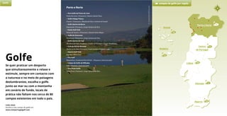 Porto e Norte
• Áxis Golfe de Ponte de Lima
Ponte de Lima | 18 buracos | David e Daniel Silva
• Golfe Vidago Palace
Chaves | 18 buracos | Mackenzie Ross-Cameron & Powell
• Golfe Quinta da Barca
Esposende | 9 buracos | Jorge Santana da Silva
• Estela Golf Club
Póvoa de Varzim | 18 buracos | Duarte Sotto-Mayor
• Golfe de Amarante
Amarante | 18 buracos | Jorge Santana da Silva
• Golfe Quinta do Fojo
Vila Nova de Gaia | Academia | Duarte Sottomayor e Stuart Woodman
• Club de Gilf de Miramar
Vila Nova de Gaia | 9 buracos | Frank Gordon e Howard Swan
• Oporto Golf Club
Espinho | 18 buracos
• City Golf
Matosinhos | Academia Pitch & Putt – 9 buracos | José Lencastre
• Campo de Golfe de Rilhadas
Fafe | 9 buracos | José Lencastre
• Vale Pisão Golfe
Santo Tirso | 9 buracos | Jorge Santana da Silva
6
23
3
3
1
39
11
Porto e Norte
Lisboa
Açores
Madeira
Alentejo
Algarve
Centro
de Portugal
Golfe campos de golfe por região
Links úteis
Escolha o seu campo de golfe em
www.visitportugalgolf.com
Golfe
Se quer praticar um desporto
que simultaneamente o relaxe e
estimule, sempre em contacto com
a natureza e no meio de paisagens
deslumbrantes, escolha o golfe.
Junto ao mar ou com a montanha
em cenário de fundo, locais de
prática não faltam nos cerca de 80
campos existentes em todo o país.
©AmaranteGolfCourse
 