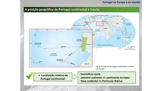 Portugal na Europa e no mundo
A posição geográfica de Portugal continental e insular
- hemisfério norte
- extremo sudoeste do continente europeu
- faixa ocidental da Península Ibérica.
 Localização relativa de
Portugal continental:
Fig. 8 Posição de Portugal continental e insular,
no mundo.
 