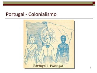 Portugal - Colonialismo O Estado Novo publicou vários diplomas sobre a política ultramarina portuguesa.  1930 - Acto Colonial.  determinava que cabia à Nação defender, civilizar e colonizar os territórios do &quot;Império Colonial Português&quot;.  Contudo, durante algumas décadas, o Estado Novo limitou-se a desenvolver as regiões agrícolas e mineiras mais ricas das colónias.  