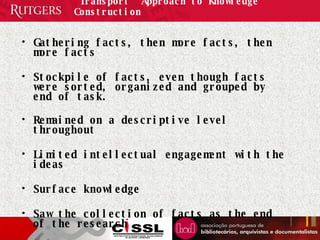 “ Transport” Approach to Knowledge Construction Gathering facts, then more facts, then more facts Stockpile of facts, even though facts were sorted, organized and grouped by end of task.   Remained on a descriptive level throughout Limited intellectual engagement with the ideas Surface knowledge Saw the collection of facts as the end of the research  