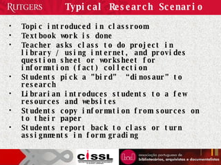 Typical Research Scenario Topic introduced in classroom Textbook work is done Teacher asks class to do project in library / using internet, and provides question sheet or worksheet for information (fact) collection Students pick a ”bird”  “dinosaur” to research Librarian introduces students to a few resources and websites Students copy information from sources on to their paper Students report back to class or turn assignments in form grading 