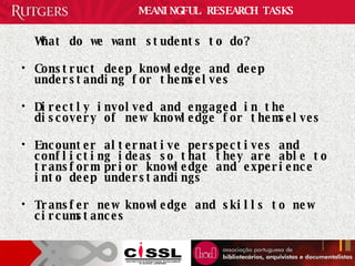 MEANINGFUL RESEARCH TASKS What do we want students to do? Construct deep knowledge and deep understanding for themselves Directly involved and engaged in the discovery of new knowledge for themselves Encounter alternative perspectives and conflicting ideas so that they are able to transform prior knowledge and experience into deep understandings Transfer new knowledge and skills to new circumstances 