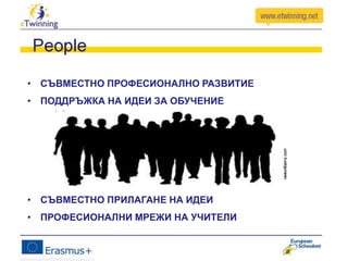 • СЪВМЕСТНО ПРОФЕСИОНАЛНО РАЗВИТИЕ
• ПОДДРЪЖКА НА ИДЕИ ЗА ОБУЧЕНИЕ
• СЪВМЕСТНО ПРИЛАГАНЕ НА ИДЕИ
• ПРОФЕСИОНАЛНИ МРЕЖИ НА УЧИТЕЛИ
 