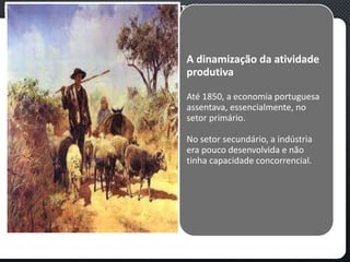 PORTUGAL, UMA SOCIEDADE CAPITALISTA DEPENDENTE
A dinamização da atividade
produtiva
Até 1850, a economia portuguesa
assentava, essencialmente, no
setor primário.
No setor secundário, a indústria
era pouco desenvolvida e não
tinha capacidade concorrencial.
 