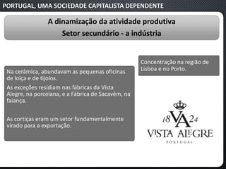 PORTUGAL, UMA SOCIEDADE CAPITALISTA DEPENDENTE
A dinamização da atividade produtiva
Setor secundário - a indústria
Na cerâmica, abundavam as pequenas oficinas
de loiça e de tijolos.
As exceções residiam nas fábricas da Vista
Alegre, na porcelana, e a Fábrica de Sacavém, na
faiança.
As cortiças eram um setor fundamentalmente
virado para a exportação.
Concentração na região de
Lisboa e no Porto.
 