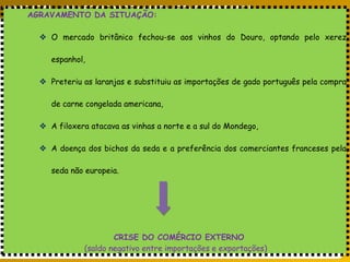 PORTUGAL, UMA SOCIEDADE CAPITALISTA DEPENDENTE
AGRAVAMENTO DA SITUAÇÃO:
 O mercado britânico fechou-se aos vinhos do Douro, optando pelo xerez
espanhol,
 Preteriu as laranjas e substituiu as importações de gado português pela compra
de carne congelada americana,
 A filoxera atacava as vinhas a norte e a sul do Mondego,
 A doença dos bichos da seda e a preferência dos comerciantes franceses pela
seda não europeia.
CRISE DO COMÉRCIO EXTERNO
(saldo negativo entre importações e exportações)
 