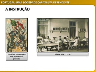 PORTUGAL, UMA SOCIEDADE CAPITALISTA DEPENDENTE
A INSTRUÇÃO
Sala de aula, c. 1914.
Postal em homenagem
à lei da instrução
primária.
 