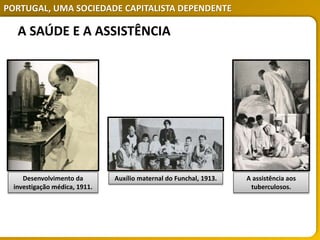 PORTUGAL, UMA SOCIEDADE CAPITALISTA DEPENDENTE
A SAÚDE E A ASSISTÊNCIA
Desenvolvimento da
investigação médica, 1911.
A assistência aos
tuberculosos.
Auxílio maternal do Funchal, 1913.
 