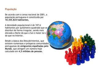 População                                                                  De acordo com o censo nacional de 2001, a população portuguesa é constituída por  10.355.824 habitantes. A densidade populacional é de 107.6 habitantes por quilómetro quadrado que se distribui de forma irregular, sendo mais elevada a Norte do que a Sul e maior no Litoral do que no Interior.  Desde a época dos Descobrimentos, que existem numerosas e prósperas comunidades portuguesas de  emigrantes espalhadas pelo Mundo , que atingem um número hoje calculado em  4,5 milhões de pessoas . 
