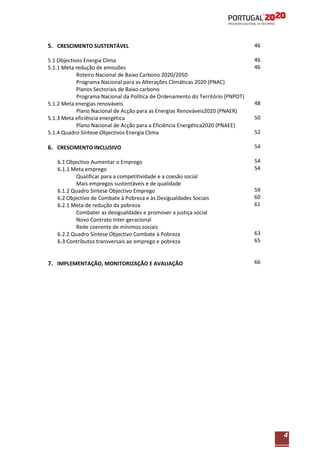 5. CRESCIMENTO SUSTENTÁVEL

46

5.1 Objectivos Energia Clima
5.1.1 Meta redução de emissões
Roteiro Nacional de Baixo Carbono 2020/2050
Programa Nacional para as Alterações Climáticas 2020 (PNAC)
Planos Sectoriais de Baixo carbono
Programa Nacional da Política de Ordenamento do Território (PNPOT)
5.1.2 Meta energias renováveis
Plano Nacional de Acção para as Energias Renováveis2020 (PNAER)
5.1.3 Meta eficiência energética
Plano Nacional de Acção para a Eficiência Energética2020 (PNAEE)
5.1.4 Quadro Síntese Objectivos Energia Clima

46
46

6. CRESCIMENTO INCLUSIVO

54

6.1 Objectivo Aumentar o Emprego
6.1.1 Meta emprego
Qualificar para a competitividade e a coesão social
Mais empregos sustentáveis e de qualidade
6.1.2 Quadro Síntese Objectivo Emprego
6.2 Objectivo de Combate à Pobreza e às Desigualdades Sociais
6.2.1 Meta de redução da pobreza
Combater as desigualdades e promover a justiça social
Novo Contrato Inter-geracional
Rede coerente de mínimos sociais
6.2.2 Quadro Síntese Objectivo Combate à Pobreza
6.3 Contributos transversais ao emprego e pobreza

7. IMPLEMENTAÇÃO, MONITORIZAÇÃO E AVALIAÇÃO

48
50
52

54
54

59
60
61

63
65

66

4

 