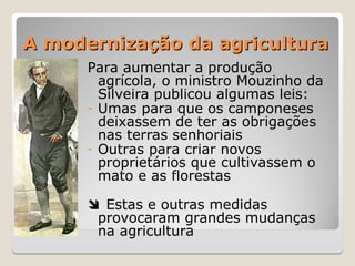 A modernização da agricultura
A modernização da agricultura
Para aumentar a produção
agrícola, o ministro Mouzinho da
Silveira publicou algumas leis:
- Umas para que os camponeses
deixassem de ter as obrigações
nas terras senhoriais
- Outras para criar novos
proprietários que cultivassem o
mato e as florestas
 Estas e outras medidas
provocaram grandes mudanças
na agricultura
 