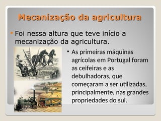 Mecanização da agricultura
Mecanização da agricultura
 Foi nessa altura que teve início a
mecanização da agricultura.
• As primeiras máquinas
agrícolas em Portugal foram
as ceifeiras e as
debulhadoras, que
começaram a ser utilizadas,
principalmente, nas grandes
propriedades do sul.
 
