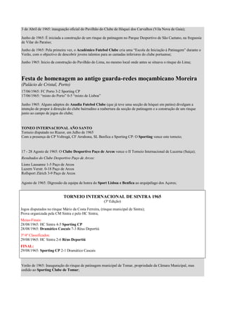 3 de Abril de 1965: inauguação oficial do Pavilhão do Clube de Hóquei dos Carvalhos (Vila Nova de Gaia);

Junho de 1965: É iniciada a construção de um rinque de patinagem no Parque Desportivo de São Caetano, na freguesia
de Vilar do Paraíso;

Junho de 1965: Pela primeira vez, o Académico Futebol Clube cria uma “Escola de Iniciação à Patinagem” durante o
Verão, com o objectivo de descobrir jovens talentos para as camadas inferiores do clube portuense;

Junho 1965: Inicio da construção do Pavilhão do Lima, no mesmo local onde antes se situava o rinque do Lima;



Festa de homenagem ao antigo guarda-redes moçambicano Moreira
(Palácio de Cristal, Porto)
17/06/1965: FC Porto 3-2 Sporting CP
17/06/1965: “misto do Porto” 0-5 “misto de Lisboa”

Junho 1965: Alguns adeptos do Anadia Futebol Clube (que já teve uma secção de hóquei em patins) divulgam a
intenção de propor à direcção do clube bairradino a reabertura da secção de patinagem e a construção de um rinque
junto ao campo de jogos do clube;


TONEO INTERNACIONAL AÑO SANTO
Torneio disputado no Riazor, em Julho de 1965
Com a presença de CP Voltregà, CF Arrahona, SL Benfica e Sporting CP: O Sporting vence este torneio;


17 - 28 Agosto de 1965: O Clube Desportivo Paço de Arcos vence o II Torneio Internacional de Lucerna (Suiça);
Resultados do Clube Desportivo Paço de Arcos:
Lions Lausanne 1-5 Paço de Arcos
Luzern Verstr. 0-18 Paço de Arcos
Rollsport Zürich 3-9 Paço de Arcos

Agosto de 1965: Digressão da equipa de honra do Sport Lisboa e Benfica ao arquipélago dos Açores;


                           TORNEIO INTERNACIONAL DE SINTRA 1965
                                                      (3ª Edição)

Jogos disputados no rinque Mário da Costa Ferreira, (rinque municipal de Sintra);
Prova organizada pela CM Sintra e pelo HC Sintra;
Meias-Finais:
28/08/1965: HC Sintra 4-5 Sporting CP
28/08/1965: Dramático Cascais 7-3 Réus Deportiú
3º/4º Classificados:
29/08/1965: HC Sintra 2-6 Réus Deportiú
FINAL:
29/08/1965: Sporting CP 2-1 Dramático Cascais


Verão de 1965: Inauguração do rinque de patinagem municipal de Tomar, propriedade da Câmara Municipal, mas
cedido ao Sporting Clube de Tomar;
 