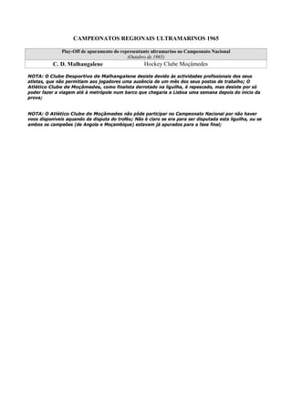 CAMPEONATOS REGIONAIS ULTRAMARINOS 1965

               Play-Off de apuramento do representante ultramarino no Campeonato Nacional
                                            (Outubro de 1965)
           C. D. Malhangalene                       Hockey Clube Moçâmedes

NOTA: O Clube Desportivo de Malhangalene desiste devido ás actividades profissionais dos seus
atletas, que não permitiam aos jogadores uma ausência de um mês dos seus postos de trabalho; O
Atlético Clube de Moçâmedes, como finalista derrotado na liguilha, é repescado, mas desiste por só
poder fazer a viagem até à metrópole num barco que chegaria a Lisboa uma semana depois do inicio da
prova;


NOTA: O Atlético Clube de Moçâmedes não pôde participar no Campeonato Nacional por não haver
voos disponiveis aquando da disputa do troféu; Não é claro se era para ser disputada esta liguilha, ou se
ambos os campeões (de Angola e Moçambique) estavam já apurados para a fase final;
 