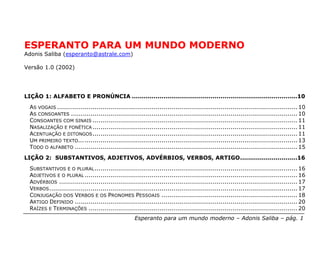 ESPERANTO PARA UM MUNDO MODERNO
Adonis Saliba (esperanto@astrale.com)

Versão 1.0 (2002)




LIÇÃO 1: ALFABETO E PRONÚNCIA ....................................................................................10
  AS VOGAIS .......................................................................................................................... 10
  AS CONSOANTES ................................................................................................................... 10
  CONSOANTES COM SINAIS ........................................................................................................ 11
  NASALIZAÇÃO E FONÉTICA ........................................................................................................ 11
  ACENTUAÇÃO E DITONGOS ........................................................................................................ 11
  UM PRIMEIRO TEXTO... ............................................................................................................ 13
  TODO O ALFABETO ................................................................................................................. 15
LIÇÃO 2: SUBSTANTIVOS, ADJETIVOS, ADVÉRBIOS, VERBOS, ARTIGO.............................16
  SUBSTANTIVOS E O PLURAL ....................................................................................................... 16
  ADJETIVOS E O PLURAL ............................................................................................................ 16
  ADVÉRBIOS ......................................................................................................................... 17
  VERBOS .............................................................................................................................. 17
  CONJUGAÇÃO DOS VERBOS E OS PRONOMES PESSOAIS ..................................................................... 18
  ARTIGO DEFINIDO ................................................................................................................. 20
  RAÍZES E TERMINAÇÕES .......................................................................................................... 20
                                                     Esperanto para um mundo moderno – Adonis Saliba – pág. 1
 