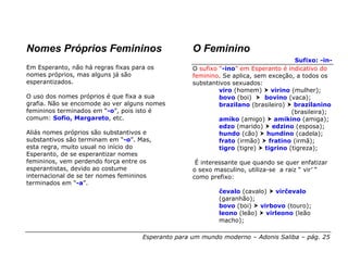 Nomes Próprios Femininos                            O Feminino
                                                                                     Sufixo: -in-
Em Esperanto, não há regras fixas para os           O sufixo “-ino” em Esperanto é indicativo do
nomes próprios, mas alguns já são                   feminino. Se aplica, sem exceção, a todos os
esperantizados.                                     substantivos sexuados:
                                                             viro (homem) virino (mulher);
O uso dos nomes próprios é que fixa a sua                    bovo (boi)     bovino (vaca);
grafia. Não se encomode ao ver alguns nomes                  brazilano (brasileiro) brazilanino
femininos terminados em “-o”, pois isto é                                           (brasileira);
comum: Sofio, Margareto, etc.                                amiko (amigo) amikino (amiga);
                                                             edzo (marido) edzino (esposa);
Aliás nomes próprios são substantivos e                      hundo (cão)    hundino (cadela);
substantivos são terminam em “-o”. Mas,                      frato (irmão) fratino (irmã);
esta regra, muito usual no início do                         tigro (tigre) tigrino (tigreza);
Esperanto, de se esperantizar nomes
femininos, vem perdendo força entre os               É interessante que quando se quer enfatizar
esperantistas, devido ao costume                    o sexo masculino, utiliza-se a raiz “ vir’ “
internacional de se ter nomes femininos             como prefixo:
terminados em “-a”.
                                                            ĉevalo (cavalo) virĉevalo
                                                            (garanhão);
                                                            bovo (boi) virbovo (touro);
                                                            leono (leão) virleono (leão
                                                            macho);

                                     Esperanto para um mundo moderno – Adonis Saliba – pág. 25
 
