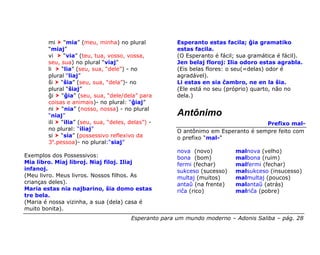 mi    “mia” (meu, minha) no plural            Esperanto estas facila; ĝia gramatiko
        “miaj”                                        estas facila.
        vi    “via” (teu, tua, vosso, vossa,          (O Esperanto é fácil; sua gramática é fácil).
        seu, sua) no plural “viaj”                    Jen belaj floroj: Ilia odoro estas agrabla.
        li   “lia” (seu, sua, “dele”) - no            (Eis belas flores: o seu(=delas) odor é
        plural “liaj”                                 agradável).
        ŝi   “ŝia” (seu, sua, “dela”)- no             Li estas en sia ĉambro, ne en la ŝia.
        plural “ŝiaj”                                 (Ele está no seu (próprio) quarto, não no
        ĝi   “ĝia” (seu, sua, “dele/dela” para        dela.)
        coisas e animais)- no plural: “ĝiaj”
        ni   “nia” (nosso, nossa) - no plural
        “niaj”                                        Antônimo
        ili  “ilia” (seu, sua, “deles, delas”) -                                   Prefixo mal-
        no plural: “iliaj”                            O antônimo em Esperanto é sempre feito com
        si   “sia” (possessivo reflexivo da           o prefixo “mal-“
        3a.pessoa)- no plural:“siaj”
                                                      nova (novo)         malnova (velho)
Exemplos dos Possessivos:                             bona (bom)          malbona (ruim)
Mia libro. Miaj libroj. Niaj filoj. Iliaj             fermi (fechar)      malfermi (fechar)
infanoj.                                              sukceso (sucesso)   malsukceso (insucesso)
(Meu livro. Meus livros. Nossos filhos. As            multaj (muitos)     malmultaj (poucos)
crianças deles).                                      antaŭ (na frente)   malantaŭ (atrás)
Maria estas nia najbarino, ŝia domo estas             riĉa (rico)         malriĉa (pobre)
tre bela.
(Maria é nossa vizinha, a sua (dela) casa é
muito bonita).
                                       Esperanto para um mundo moderno – Adonis Saliba – pág. 28
 
