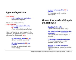 La vazo estas vendata DE la
                                                              ŝtelisto.
Agente da passiva                                             (O vaso está sendo vendido
                                                              pelo ladrão.)
(Voz ativa)
        Petro malfermis la pordon.
        (Pedro abriu a porta)
                                                      Outras formas de utilização
mas na voz passiva temos:                             do particípio
(Voz Passiva)
        La pordo estis malfermita
        de Petro.                                             Vundite, Petro falis.
        (A porta foi aberta pelo Pedro).                      (Tendo sido ferido, Pedro caiu.)

Petro é o “agente da (voz) passiva”. Em                       Oni transportis la vunditojn al la
Esperanto, o agente da passiva é sempre                       hospitalo.
precedido da preposição “DE”.                                 (Transportaram os feridos para o
                                                              hospital.)
        La libro estos legita DE mi.
        (O livro será lido por mim)                           La skurĝato kriadis pro doloro.
                                                              (O homem que estava sendo
        Mi estis ĵus vekita DE mia                            açoitado gritava de dor.)
        patrino.
        (Acabei de ser acordado pela                          Punote, la knabo malaperis.
        minha mãe.)                                           (Estando para ser punido, o menino
                                                              fugiu.)
                                       Esperanto para um mundo moderno – Adonis Saliba – pág. 75
 
