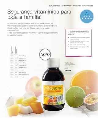 12
1,1
1,4
1,4
2,5
16
200
6,0
50
5
100 %
100 %
100 %
100 %
100 %
100 %
100 %
100 %
100 %
100 %
150 ml
80510
23.50 €
Vita Aktiv tropic
Toma recomendada:
5ml por dia
O suplemento vitamínico
seguro!
Segurança vitamínica para
toda a família!
As vitaminas são verdadeiros artífices da saúde. Assim, as
vitaminas D e B6 ajudam o sistema imunitário, a vitamina B12 a
divisão celular ou a vitamina B1 por exemplo, a saúde
cardiovascular.
Todas elas fazem parte de Vita Aktiv – a partir de agora também
na variante tropical.
Vitamina D3 (µg)
Vitamina E (mg)
Vitamina B1 (mg)
Vitamina B2 (mg)
Vitamina B6 (mg)
VITAMINA B12 (µg)
Niacina (mg)
Ácido fólico (µg)
Ácido pantoténico (mg)
Biotina (µg)
pordosediária
VNR
pordosediária
Absoluto
 Concentrado compacto completo de frutas
e legumes naturais
 100% da necessidade vitamínica * numa
colher de chá (5 ml) por dia
 Sem corantes nem conservantes
 Delicioso também sobre iogurte, waffles
frescas ou bolos
Novo
| 35Suplementos alimentares e produtos especiais
 