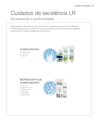 Cuidados de excelência LR
Cada pessoa é diferente da outra. As linhas de cuidados funcionais da LR oferecem
soluções para todos os casos. Fórmulas inovadoras e componentes de alta qualidade
proporcionam cuidados específicos e intensivos.
Da prevenção à ajuda imediata
Cuidado Aloe Vera
Cuidado específico
 Cuidados específicos
 Cuidados Faciais
 Higiene oral
 Higiene oral
 Cuidados para as mãos
 Cuidados para os pés
 Cuidado capilar
 Cuidados faciais
 Cuidados corporais
Microsilver Plus
| 47Cuidado funcional
 