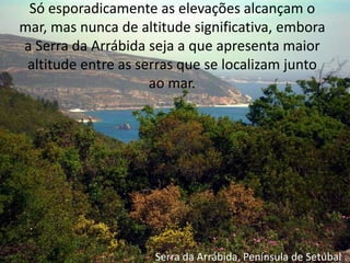 Só esporadicamente as elevações alcançam o mar, mas nunca de altitude significativa, embora a Serra da Arrábida seja a que apresenta maior altitude entre as serras que se localizam junto ao mar.Serra da Arrábida, Península de Setúbal