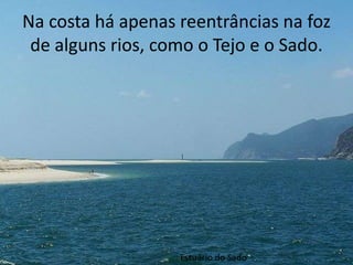 Estuário do SadoNa costa há apenas reentrâncias na foz de alguns rios, como o Tejo e o Sado.                    