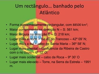Um rectângulo… banhado pelo AtlânticoForma aproximadamente rectangular, com 88500 km2;Maior comprimento na direcção N – S: 561 km;Maior largura na direcção E – O: 218 km;Lugar mais a norte – foz do rio Trancoso – 42º 09’ N;Lugar mais a sul – cabo de Santa Maria – 36º 58’ N;Lugar mais oriental – confluência da Ribeira de Castro com o rio Douro – 6º 12’ O;Lugar mais ocidental – cabo da Roca – 9º 30’ OLugar mais elevado – Torre, na Serra da Estrela – 1991 m.