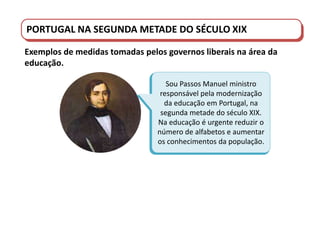 PORTUGAL DO SÉCULO XVIII AO SÉCULO XIX
PORTUGAL NA SEGUNDA METADE DO SÉCULO XIX
Exemplos de medidas tomadas pelos governos liberais na área da
educação.
Sou Passos Manuel ministro
responsável pela modernização
da educação em Portugal, na
segunda metade do século XIX.
Na educação é urgente reduzir o
número de alfabetos e aumentar
os conhecimentos da população.
 
