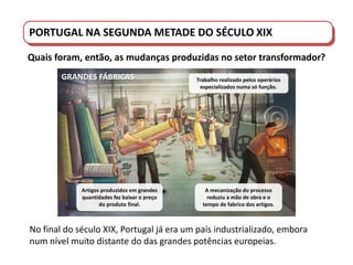 PORTUGAL DO SÉCULO XVIII AO SÉCULO XIX
GRANDES FÁBRICAS
A mecanização do processo
reduziu a mão de obra e o
tempo de fabrico dos artigos.
Trabalho realizado pelos operários
especializados numa só função.
Artigos produzidos em grandes
quantidades fez baixar o preço
do produto final.
No final do século XIX, Portugal já era um país industrializado, embora
num nível muito distante do das grandes potências europeias.
PORTUGAL NA SEGUNDA METADE DO SÉCULO XIX
Quais foram, então, as mudanças produzidas no setor transformador?
 