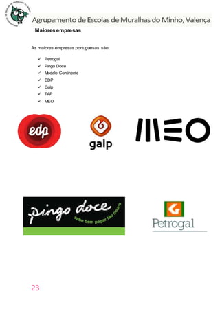23
Maiores empresas
As maiores empresas portuguesas são:
 Petrogal
 Pingo Doce
 Modelo Continente
 EDP
 Galp
 TAP
 MEO
 