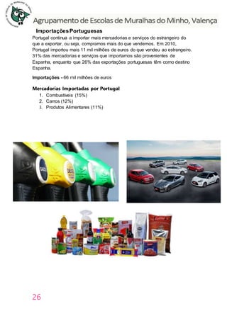 26
ImportaçõesPortuguesas
Portugal continua a importar mais mercadorias e serviços do estrangeiro do
que a exportar, ou seja, compramos mais do que vendemos. Em 2010,
Portugal importou mais 11 mil milhões de euros do que vendeu ao estrangeiro.
31% das mercadorias e serviços que importamos são provenientes de
Espanha, enquanto que 26% das exportações portuguesas têm como destino
Espanha.
Importações - 66 mil milhões de euros
Mercadorias Importadas por Portugal
1. Combustíveis (15%)
2. Carros (12%)
3. Produtos Alimentares (11%)
 