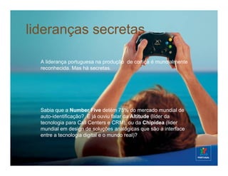 lideranças secretas

  A liderança portuguesa na produção de cortiça é mundialmente
  reconhecida. Mas há secretas.




  Sabia que a Number Five detém 75% do mercado mundial de
  auto-identificação? E já ouviu falar da Altitude (líder da
  tecnologia para Call Centers e CRM), ou da Chipidea (lider
  mundial em design de soluções analógicas que são a interface
  entre a tecnologia digital e o mundo real)?
 