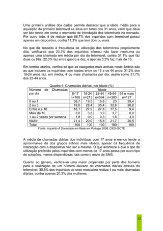 Uma primeira análise dos dados permite destacar que a idade média para a 
aquisição do primeiro telemóvel se situa em torno dos 31 anos, valor que deve 
ser lido tendo em conta o momento de introdução dos telemóveis no mercado. 
Por outro lado, é de realçar que 88,7% dos inquiridos com telemóvel possui 
apenas um dispositivo, contra 11,3% que tem dois ou mais. 
No que diz respeito à frequência de utilização dos telemóveis propriamente 
dita, verifica-se que 23,3% dos inquiridos afirmou não fazer nenhuma ou 
apenas uma chamada em média por dia do telemóvel, contra 31,1% que faz 
duas ou três, 22,3% faz entre quatro e dez, e apenas 3,3% faz mais de 10. 
Em termos etários, verifica-se que as categorias mais activas neste âmbito são 
as que incluem os inquiridos com idades entre os 18 e os 44 anos: 31,2% dos 
18-24 anos faz, em média, 4 ou mais chamadas por dia, assim como 31,7% 
dos 25-44 anos. 
12 
Quadro 6: Chamadas diárias, por Idade (%) 
Número de Chamadas Idade 
por dia 8-17 
n=168 
18-24 
n=215 
25-44 
n=594 
45-64 
n=383 
65 e mais 
n=127 
0 ou 1 38,7 19,5 16,8 23 39,4 
2 ou 3 19,0 28,4 35,4 32,6 26,8 
Entre 4 e 10 16,1 27,9 27,8 17,5 9,4 
Mais de 10 3,0 3,3 3,9 3,7 0,0 
1 ou 2 vezes por semana 1,8 0,9 0,3 1,6 3,9 
Ns/Nr 21,4 20,0 15,8 21,7 20,5 
Total 100 100 100 100 100 
Fonte: Inquérito A Sociedade em Rede em Portugal 2006, CIES-ISCTE 
A média de chamadas diárias dos indivíduos com 17 anos e menos tende a 
aproximar-se da dos grupos etários mais idosos, apesar da frequência de 
interacção com o dispositivo não ser a mesma. O que acontece é que o tipo de 
utilização preferido pelos inquiridos com menos de 17 anos passa por outro tipo 
de soluções, menos dispendiosas, tais como o envio de SMS. 
Quanto ao género, verifica-se uma maior propensão por parte dos homens 
para a realização de um número elevado de chamadas diárias através do 
telemóvel: 30,8% dos inquiridos do sexo masculino realiza 4 ou mais chamadas 
diárias, contra apenas 20,3% das mulheres. 
 