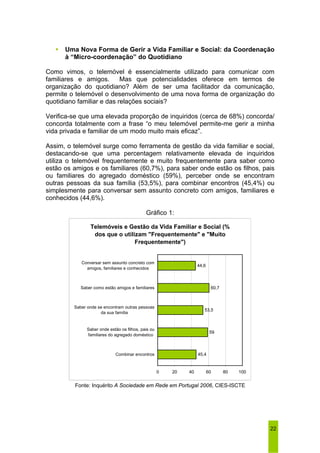ƒ Uma Nova Forma de Gerir a Vida Familiar e Social: da Coordenação 
22 
à “Micro-coordenação” do Quotidiano 
Como vimos, o telemóvel é essencialmente utilizado para comunicar com 
familiares e amigos. Mas que potencialidades oferece em termos de 
organização do quotidiano? Além de ser uma facilitador da comunicação, 
permite o telemóvel o desenvolvimento de uma nova forma de organização do 
quotidiano familiar e das relações sociais? 
Verifica-se que uma elevada proporção de inquiridos (cerca de 68%) concorda/ 
concorda totalmente com a frase “o meu telemóvel permite-me gerir a minha 
vida privada e familiar de um modo muito mais eficaz”. 
Assim, o telemóvel surge como ferramenta de gestão da vida familiar e social, 
destacando-se que uma percentagem relativamente elevada de inquiridos 
utiliza o telemóvel frequentemente e muito frequentemente para saber como 
estão os amigos e os familiares (60,7%), para saber onde estão os filhos, pais 
ou familiares do agregado doméstico (59%), perceber onde se encontram 
outras pessoas da sua família (53,5%), para combinar encontros (45,4%) ou 
simplesmente para conversar sem assunto concreto com amigos, familiares e 
conhecidos (44,6%). 
Gráfico 1: 
Telemóveis e Gestão da Vida Familiar e Social (% 
dos que o utilizam "Frequentemente" e "Muito 
Frequentemente") 
60,7 
53,5 
45,4 
59 
44,6 
0 20 40 60 80 100 
Conversar sem assunto concreto com 
amigos, familiares e conhecidos 
Saber como estão amigos e familiares 
Saber onde se encontram outras pessoas 
da sua família 
Saber onde estão os filhos, pais ou 
familiares do agregado doméstico 
Combinar encontros 
Fonte: Inquérito A Sociedade em Rede em Portugal 2006, CIES-ISCTE 
 