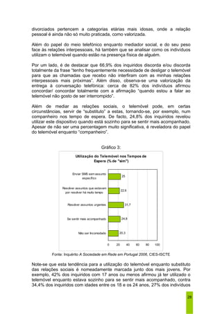 divorciados pertencem a categorias etárias mais idosas, onde a relação 
pessoal é ainda não só muito praticada, como valorizada. 
Além do papel do meio telefónico enquanto mediador social, e do seu peso 
face às relações interpessoais, há também que se analisar como os indivíduos 
utilizam o telemóvel quando estão na presença física de alguém. 
Por um lado, é de destacar que 66,9% dos inquiridos discorda e/ou discorda 
totalmente da frase “tenho frequentemente necessidade de desligar o telemóvel 
para que as chamadas que recebo não interfiram com as minhas relações 
interpessoais mais próximas”. Além disso, observa-se uma valorização da 
entrega à conversação telefónica: cerca de 82% dos indivíduos afirmou 
concordar/ concordar totalmente com a afirmação “quando estou a falar ao 
telemóvel não gosto de ser interrompido”. 
Além de mediar as relações sociais, o telemóvel pode, em certas 
circunstâncias, servir de “substituto” a estas, tornando-se, por exemplo, num 
companheiro nos tempo de espera. De facto, 24,8% dos inquiridos revelou 
utilizar este dispositivo quando está sozinho para se sentir mais acompanhado. 
Apesar de não ser uma percentagem muito significativa, é reveladora do papel 
do telemóvel enquanto “companheiro”. 
28 
Gráfico 3: 
Utilização do Telemóvel nos Tempos de 
Espera (% de "sim") 
25 
22,6 
31,7 
24,8 
20,3 
0 20 40 60 80 100 
Enviar SMS sem assunto 
específico 
Resolver assuntos que estavam 
por resolver há muito tempo 
Resolver assuntos urgentes 
Se sentir mais acompanhado 
Não ser Incomodado 
Fonte: Inquérito A Sociedade em Rede em Portugal 2006, CIES-ISCTE 
Note-se que esta tendência para a utilização do telemóvel enquanto substituto 
das relações sociais é nomeadamente marcada junto dos mais jovens. Por 
exemplo, 42% dos inquiridos com 17 anos ou menos afirmou já ter utilizado o 
telemóvel enquanto estava sozinho para se sentir mais acompanhado, contra 
34,4% dos inquiridos com idades entre os 18 e os 24 anos, 27% dos indivíduos 
 