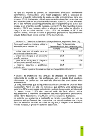 No que diz respeito ao género, as observações efectuadas previamente 
confirmam-se, verificando-se uma maior propensão para a utilização do 
telemóvel enquanto instrumento de gestão da vida profissional por parte dos 
homens: 27,9% dos homens utiliza frequentemente o telemóvel para avisar que 
está atrasado para um encontro/ reunião marcado, contra 21,7% das mulheres; 
27,4% dos homens utiliza frequentemente este equipamento para avisar que 
chegou a um encontro/ reunião marcado, contra 21,4% dos inquiridos do sexo 
feminino; 28,8% dos homens utiliza o telemóvel para saber se alguém já 
chegou a um encontro/ reunião, contra 22,8% das mulheres; e 23,1% dos 
homens afirmou resolver assuntos e problemas profissionais frequentemente 
através do telemóvel, contra apenas 13,4% das mulheres. 
43 
Quadro 34: Telemóvel e Gestão da Vida profissional, segundo o Sexo (%) 
Sexo (% da resposta 
“frequentemente”, em cada categoria) 
Com que frequência costuma utilizar o 
telemóvel pelos motivos de... 
Homens Mulheres 
... avisar que está atrasado para um 
encontro/ reunião marcado 
27,9 21,7 
... avisar que chegou a um encontro/ 
reunião marcado 
27,4 21,4 
... para saber se alguém já chegou a 
um encontro/ reunião marcado 
28,8 22,8 
... resolver assuntos e problemas 
profissionais 
23,1 13,4 
Fonte: Inquérito A Sociedade em Rede em Portugal 2006, CIES-ISCTE 
A análise do cruzamento das variáveis de utilização do telemóvel como 
instrumento de gestão da vida profissional, com o Estado Civil, revela-se 
interessante, na medida em que contradiz algumas das observações feitas 
anteriormente. 
De facto, verificámos que os inquiridos casados ou vivendo em união de facto 
representam 70,5% do total de indivíduos que conferiu uma percentagem 
superior a 10% às conversas profissionais, no total de conversas ao telemóvel. 
Do mesmo modo, 22,2% dos casados/ união de facto afirmou utilizar 
frequentemente o telemóvel para resolver assuntos e problemas profissionais, 
contra 13,8% dos solteiros, e 12,4% dos viúvos/ separados/ divorciados. 
No entanto, ao avaliarmos a realização de tarefas específicas no seio da 
gestão da vida profissional, tais como avisar que está atrasado ou que chegou 
para um encontro/ reunião, ou saber se alguém já chegou a um encontro/ 
reunião marcado, o grupo dos solteiros destaca-se. 
 