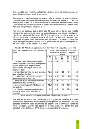 Em oposição, nas restantes categorias etárias, o nível de concordância com 
estas duas afirmações tende a ser menor. 
Por outro lado, verifica-se que os jovens (8-24 anos) são os que manifestam 
uma maior grau de dependência em relação ao telemóvel. De facto, 13,4% dos 
inquiridos da classe 18-24 anos afirmou estar totalmente de acordo com a frase 
“sinto-me muito ansioso quando não posso ter o meu telemóvel”, assim como 
13% dos integrantes da categoria 8-17. 
Por fim, é de destacar que, a partir dos 18 anos, parece haver uma relação 
directa entre o aumento da idade e a manifestação de uma atitude negativa em 
relação ao telemóvel. De facto, 15,7% dos indivíduos com 65 e mais anos 
afirmou concordar totalmente com a afirmação “a vida das pessoas sem 
telemóvel, em geral, seria muito mais feliz e tranquila”. Já no grupo dos 45-64 
anos, esta percentagem cai para 10,4%, para atingir os 8,6% na categoria 25- 
44 anos, e os 4,2% na classe 18-24 anos. 
Quadro 38: Atitudes e representações do Telemóvel, segundo a Idade (%) 
49 
Idade (% da resposta “concordo 
totalmente”, em cada categoria 
etária) 
Grau de concordância em relação à 
frase... 
8-17 18- 
24 
25- 
44 
45- 
64 
65 e 
mais 
... os telemóveis são um instrumento 
essencial para a realização de negócios 
e para a resolução de problemas 
profissionais a qualquer hora e em 
qualquer local 
11,9 23,2 22,1 18,2 10,2 
... o telemóvel permite-me gerir a minha 
vida privada e familiar 
12,4 13,0 13,5 8,1 4,7 
... o telemóvel hoje em dia permite 
identificar o estatuto social 
6,0 4,2 5,9 2,6 3,9 
... sinto-me muito ansioso quando não 
posso ter o meu telemóvel 
13,0 13,4 11,1 9,1 4,7 
... tenho maiores possibilidades de ser 
controlado 
19,0 16,3 11,5 12,0 8,6 
... a vida das pessoas sem telemóvel, 
em geral, seria muito mais feliz e 
tranquila 
7,7 4,2 8,6 10,4 15,7 
Fonte: Inquérito A Sociedade em Rede em Portugal 2006, CIES-ISCTE 
Em relação ao estado civil, verifica-se que o grupo dos solteiros é o mais 
propenso ao sentimento de ansiedade quando privado do telemóvel: 14% dos 
solteiros afirmaram estar totalmente de acordo com a afirmação “sinto-me 
muito ansioso/a quando não posso ter o meu telemóvel”, contra 9% dos 
casados/ união de facto, e 6,9% dos viúvos/ separados/ divorciados. 
 