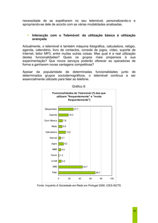 necessidade de se espelharem no seu telemóvel, personalizando-o e 
apropriando-se dele de acordo com as várias modalidades analisadas. 
ƒ Interacção com o Telemóvel: da utilização básica à utilização 
51 
avançada 
Actualmente, o telemóvel é também máquina fotográfica, calculadora, relógio, 
agenda, calendário, livro de contactos, consola de jogos, vídeo, suporte de 
Internet, leitor MP3, entre muitas outras coisas. Mas qual é a real utilização 
destas funcionalidades? Quais os grupos mais propensos à sua 
experimentação? Que novos serviços poderão oferecer as operadoras de 
forma a ganharem novas vantagens competitivas? 
Apesar da popularidade de determinadas funcionalidades junto de 
determinados grupos sociodemográficos, o telemóvel continua a ser 
essencialmente utilizado para falar ao telefone. 
Gráfico 8: 
Funcionalidades do Telemóvel (% dos que 
utilizam "frequentemente" e "muito 
frequentemente") 
68,7 
44,7 
7,6 
4,1 
9,2 
4,5 
1,3 
5,2 
13,2 
6,9 
18,3 
27,7 
0 20 40 60 80 100 
Despertador 
Agenda 
Ouvir Música 
Rádio 
Calculadora 
Internet 
Jogos 
MMS 
Faxes 
e-mail 
SMS 
Falar 
Fonte: Inquérito A Sociedade em Rede em Portugal 2006, CIES-ISCTE 
 