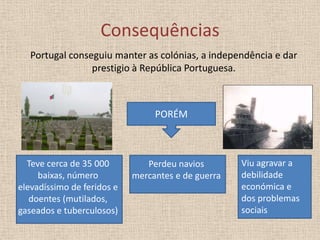 Consequências
Portugal conseguiu manter as colónias, a independência e dar
prestigio à República Portuguesa.

PORÉM

Teve cerca de 35 000
baixas, número
elevadíssimo de feridos e
doentes (mutilados,
gaseados e tuberculosos)

Perdeu navios
mercantes e de guerra

Viu agravar a
debilidade
económica e
dos problemas
sociais

 