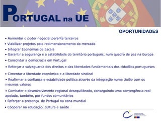 na UE
P
ORTUGAL
• Consolidar a democracia em Portugal
• Garantir a segurança e a estabilidade do território português, num quadro de paz na Europa
• Reforçar a salvaguarda dos direitos e das liberdades fundamentais dos cidadãos portugueses
• Cimentar a liberdade económica e a liberdade sindical
• Reafirmar a confiança e estabilidade política através da integração numa União com os
mesmos valores
OPORTUNIDADES
• Combater o desenvolvimento regional desequilibrado, conseguindo uma convergência real
apoiada, também, por fundos comunitários
• Reforçar a presença de Portugal na cena mundial
• Cooperar na educação, cultura e saúde
• Integrar Economias de Escala
• Viabilizar projetos pelo redimensionamento do mercado
• Aumentar o poder negocial perante terceiros
 