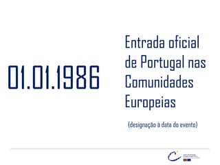 Entrada oficial
de Portugal nas
Comunidades
Europeias
(designação à data do evento)
01.01.1986
 