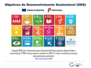 Objetivos de Desenvolvimento Sustentável (ODS)
PORTUGAL
UNIÃO EUROPEIA
A Agenda 2030 para o Desenvolvimento Sustentável da Organização das Nações Unidas é
constituída por 17 ODS e foi aprovada em setembro de 2015. É o roteiro mundial para alcançar
desenvolvimento sustentável.
https://op.europa.eu/s/wv58
 
