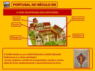 PORTUGAL NO SÉCULO XIII
A VIDA QUOTIDIANA NOS MOSTEIROS
Igreja
Claustro
Albergaria
Dormitório
Refeitório
O CLERO dividia-se em CLERO REGULAR e CLERO SECULAR.
Dedicavam-se a várias atividades:
-serviço religioso; assistência às populações; estudo e ensino;
cópia de livros; desbravamento e aproveitamento da terra
 