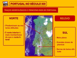 PORTUGAL NO SÉCULO XIII
TRAÇOS MORFOLÓGICOS E PRINCIPAIS RIOS DE PORTUGAL
NORTE
- Predominam as ma-
iores altitudes
-O norte interior é
mais montanhoso
do que o norte li-
toral
SUL
- Mais plano
- Grandes áreas de
planície
- Serras de baixa alti-
tude
RELEVO
 