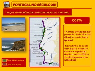 PORTUGAL NO SÉCULO XIII
TRAÇOS MORFOLÓGICOS E PRINCIPAIS RIOS DE PORTUGAL
COSTA
- A costa portuguesa a-
presenta costa alta (ar-
ribas) ou costa baixa
(praias)
-Nesta linha da costa
com praias, estabele-
ceu-se a população
desde o século XIII vi-
vendo da pesca e da
salicultura
Costa baixa e arenosa
Costa alta - arribas
 