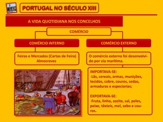 PORTUGAL NO SÉCULO XIII
A VIDA QUOTIDIANA NOS CONCELHOS
COMÉRCIO
COMÉRCIO INTERNO

COMÉRCIO EXTERNO

Feiras e Mercados (Ca...