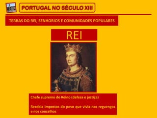 PORTUGAL NO SÉCULO XIII
TERRAS DO REI, SENHORIOS E COMUNIDADES POPULARES

REI

Chefe supremo do Reino (defesa e justiça)
R...